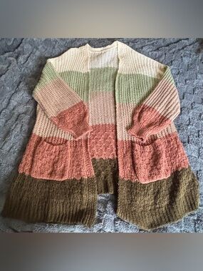 Maurices Women’s Plus Cream, Green, and Brown Striped Open-Front Chunky Cardigan